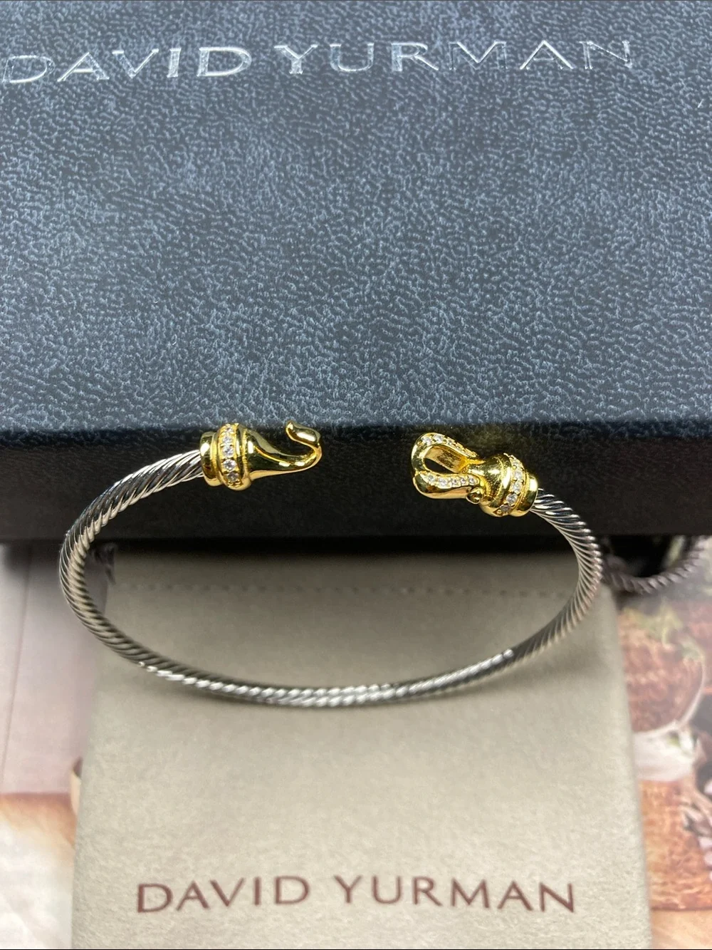 David Yurman Two-Tone Cable Cuff Bracelet — Silver and Gold Accents